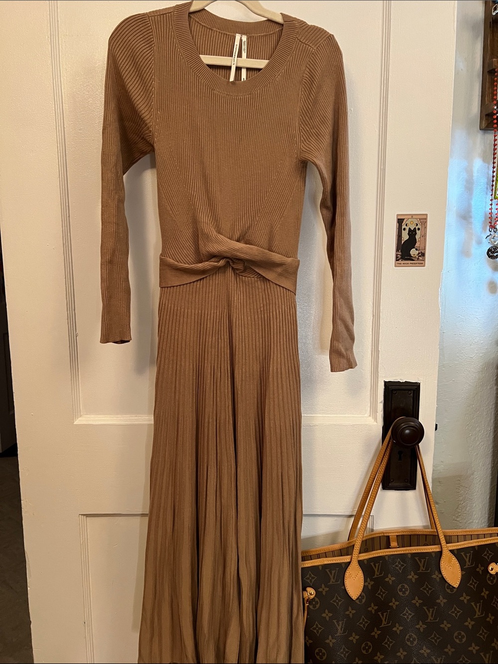 Anthropologie Twist-Waist Ribbed Long-Sleeve Sweater Dress in Tan - fall style